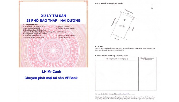 Bán nhà 5 tầng 28 Bảo Tháp, TP Hải Dương (nay là phường Tân Hưng, Hải Phòng)